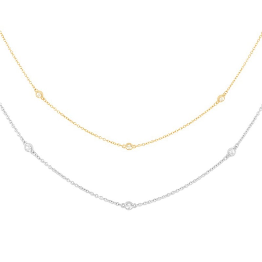 18k GP 925 sterling silver 3 stone bezel station Necklace